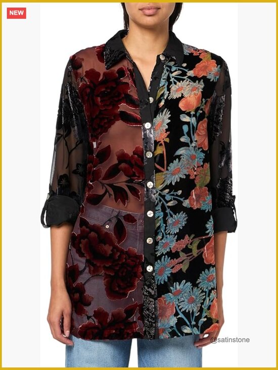 Tops - Burnout Velvet Button Front Tunic with Roll Tab Sleeves